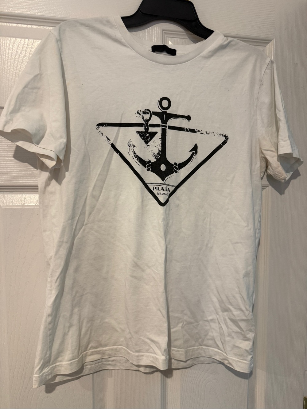 Prada White Short Sleeve Tee with Black Anchor Graphic